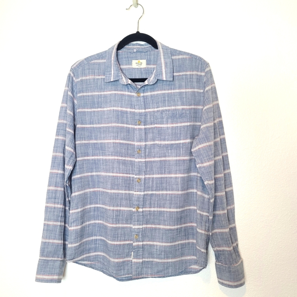 Marine Layer Grove Stripes Cotton 100% Button Down Shirt Indigo Blue - Picture 4 of 11
